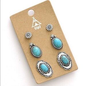 3 Pair Set Concho Turquoise Stone Earrings